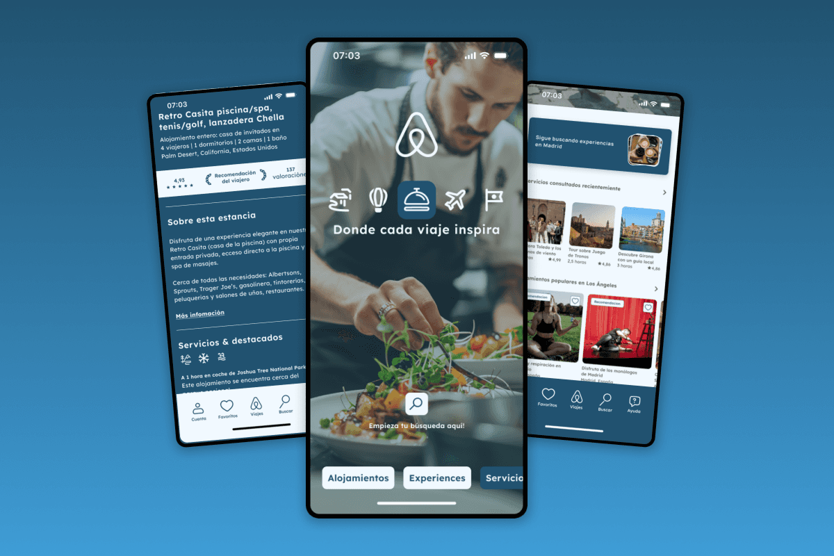 Final presentation shot of the redesigned Airbnb app on an iPhone mockup, emphasizing the visual consistency and reduced cognitive load achieved through the Atomic Design approach.