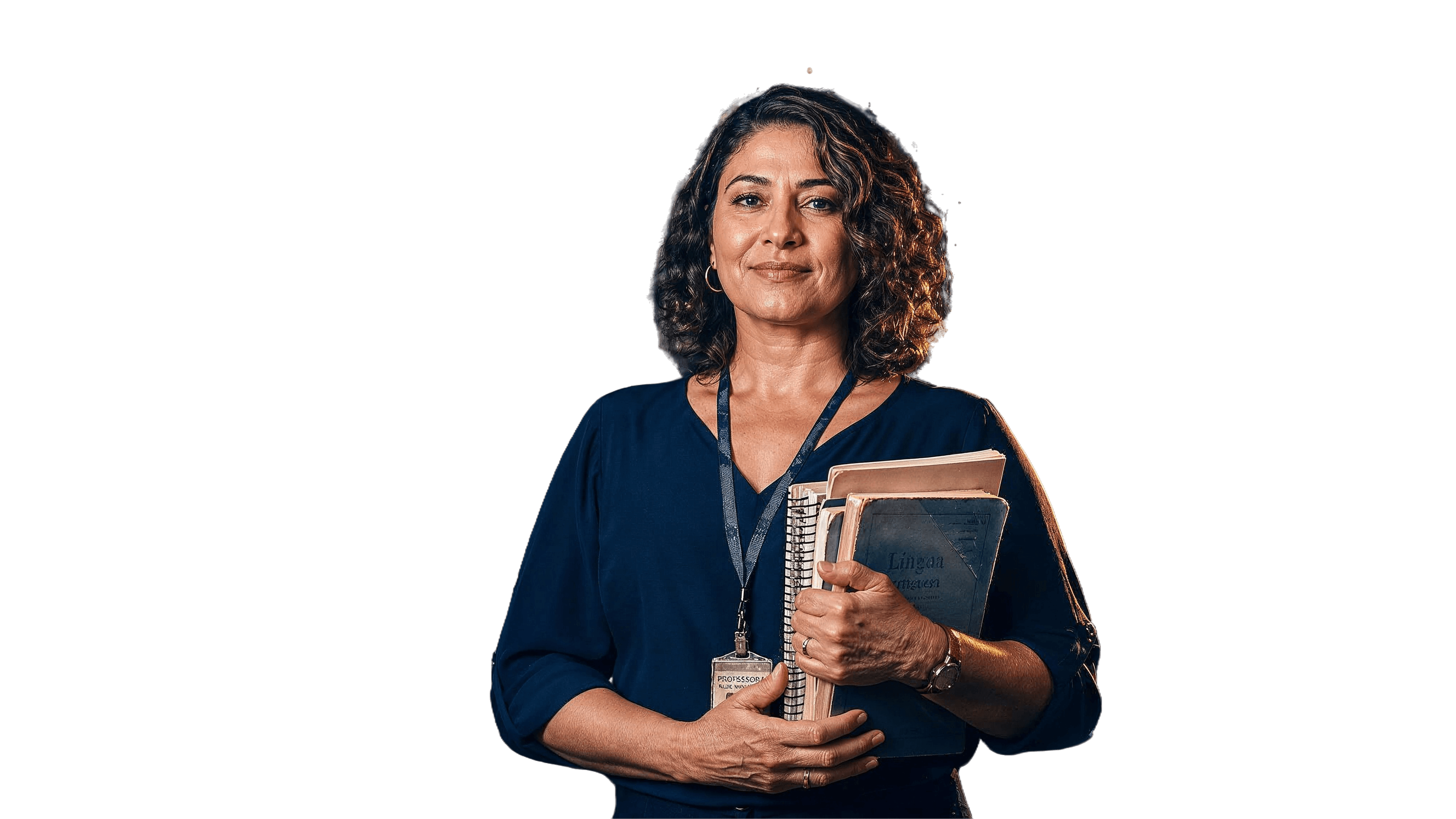 Professor centralizada na frente de uma estante