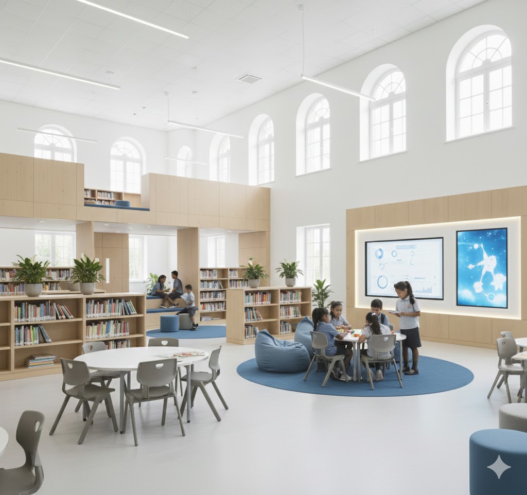 A school building stands against the backdrop of a clear sky