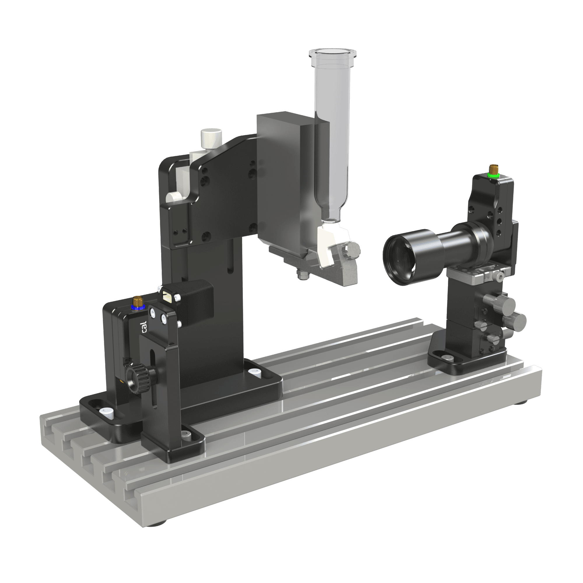 NanostrobeX Tropfenbeobachter montiert an einem Mikrodispenser.