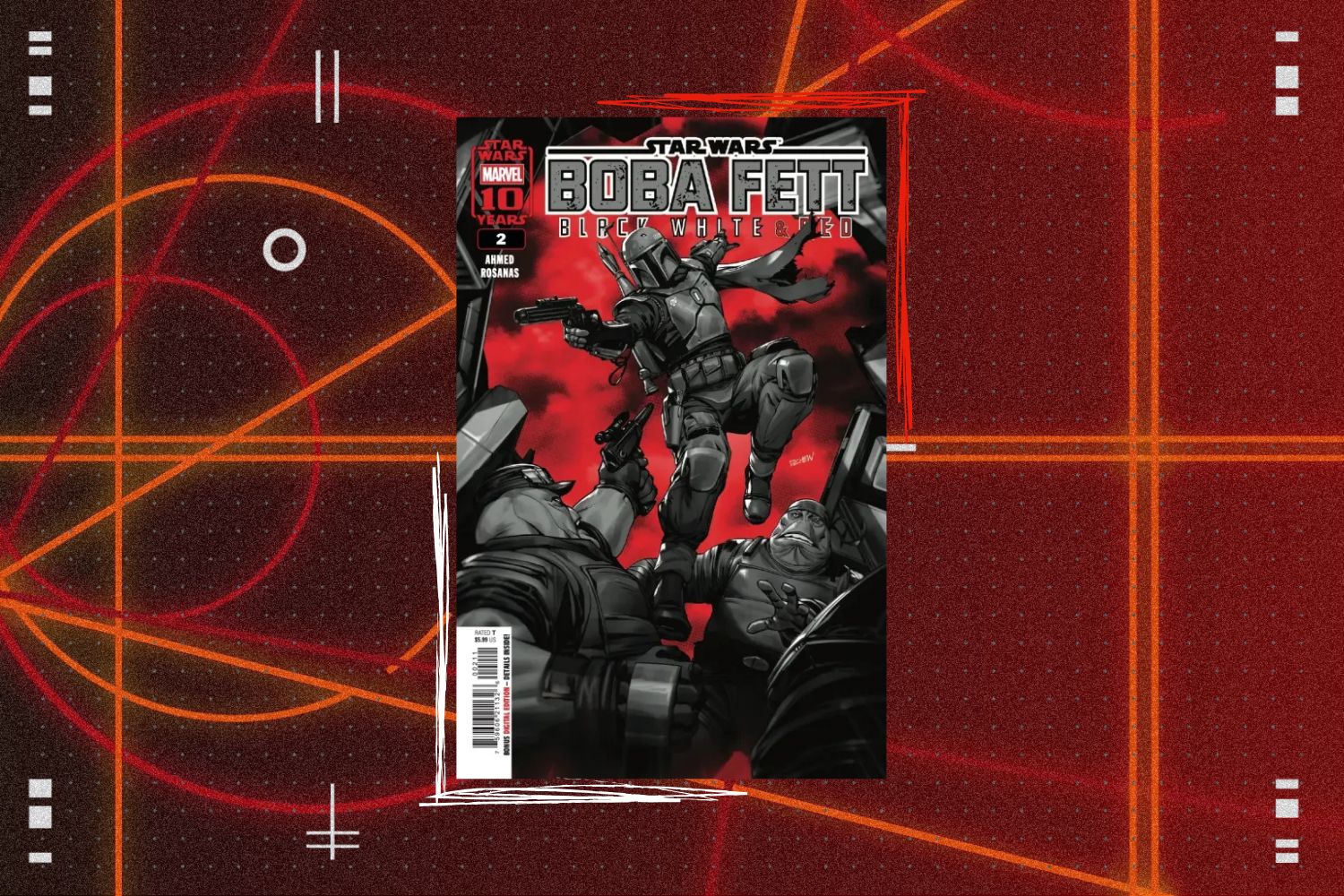 Cover for Star Wars: Boba Fett - Black, White, & Red #2 featuring a grayscale Boba Fett in action. The cover is over a red geometric background