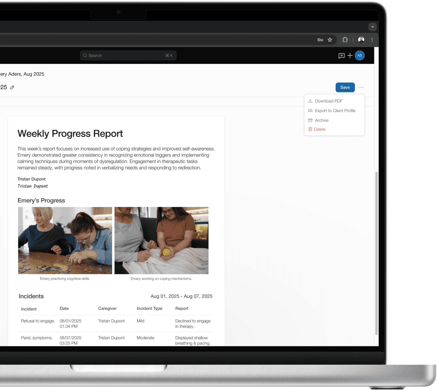 Weekly progress report.