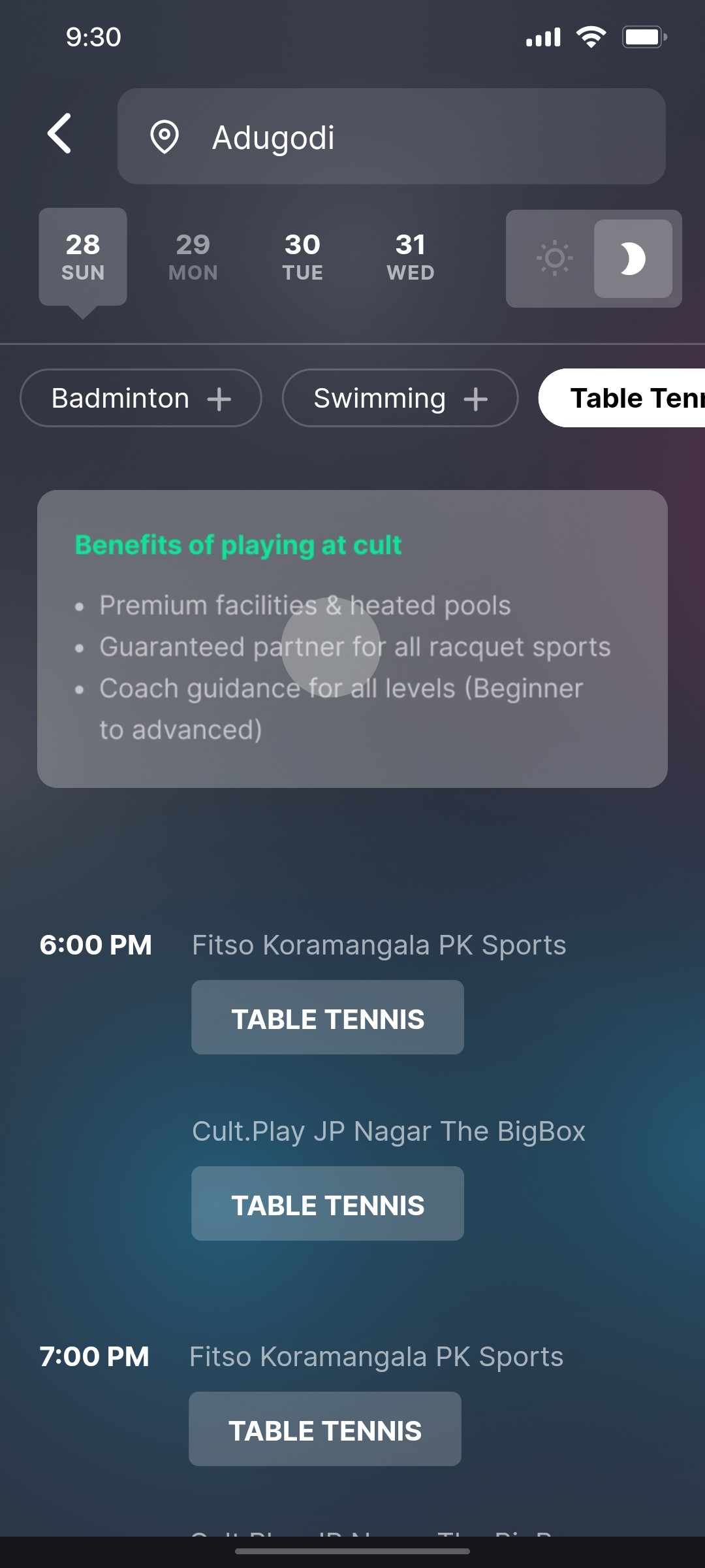 Cult.fit App Table tenis Screen