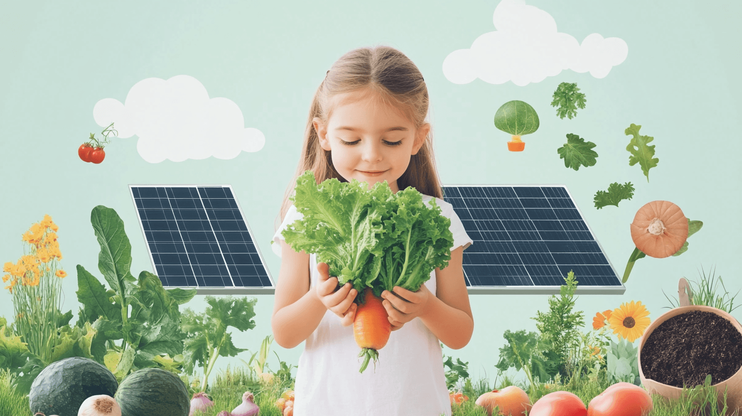  a child holding a vegetable, surrounded by a sustainable garden with solar panels and a compost bin in the background 