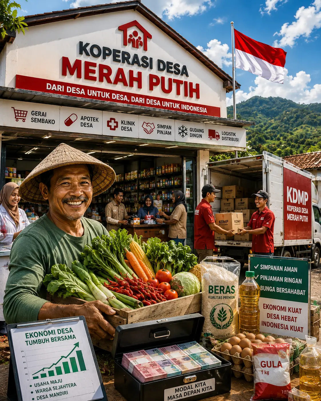 Ilustrasi masyarakat bertransaksi di Koperasi Desa Merah Putih (KDMP) yang menyediakan layanan sembako, kesehatan, dan simpan pinjam.
