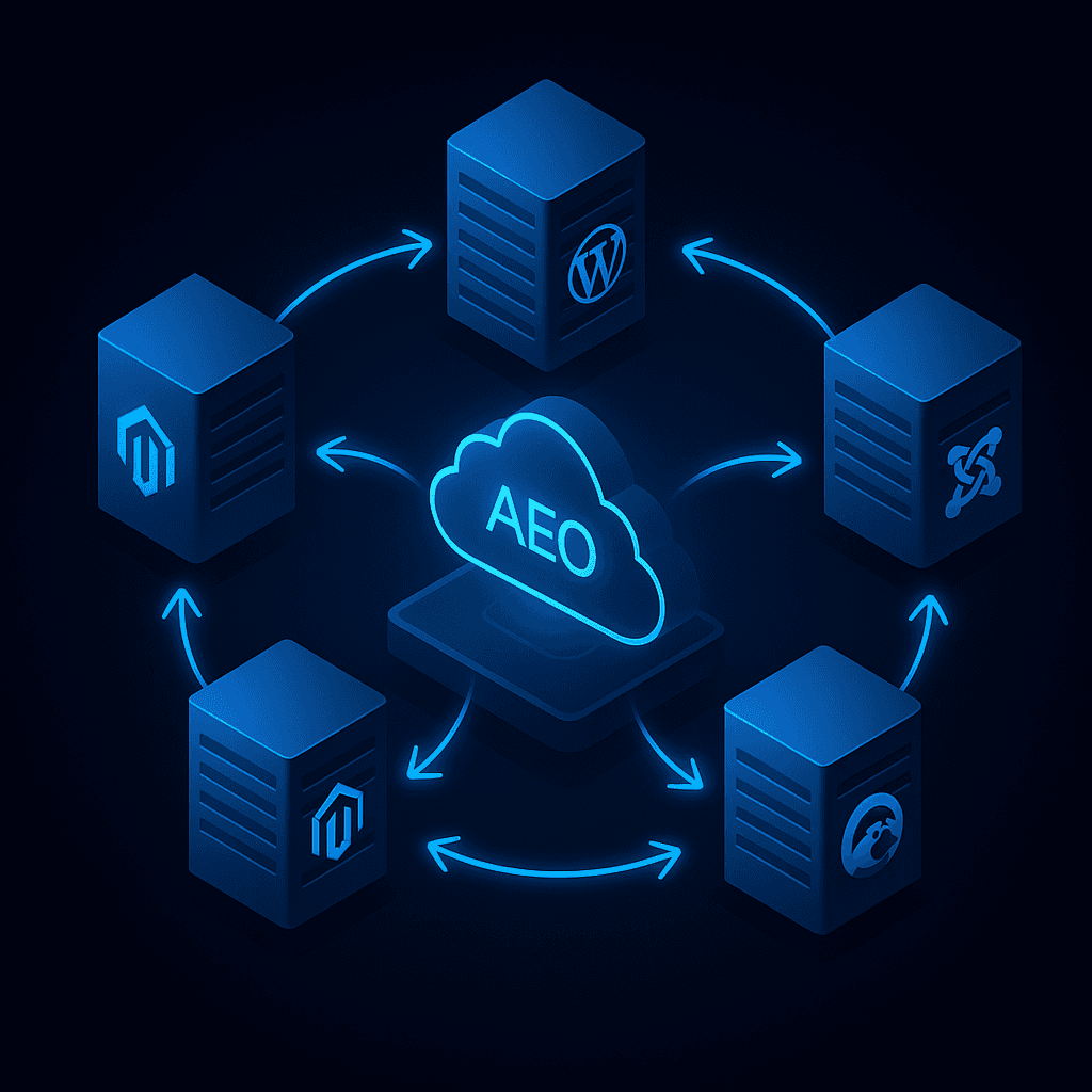 Diagram of a central AEO platform linked by arrows to multiple CMS blocks