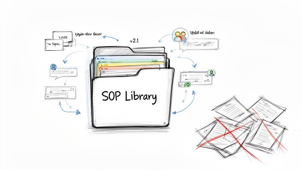 A sketch showing an SOP Library folder with digital documents, versioning, and update processes, replacing old paper files.