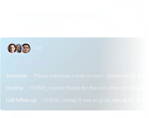A snapshot of an email writer choosing a Snippet to use in their reply, where they can insert common phases and entire emails in their email before sending now or sending later