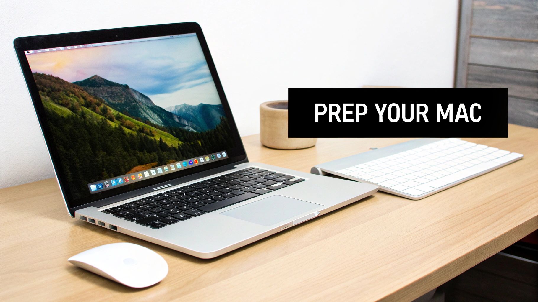 A MacBook Pro laptop open on a wooden desk with a white mouse and external keyboard, featuring a 'PREP YOUR MAC' text overlay.