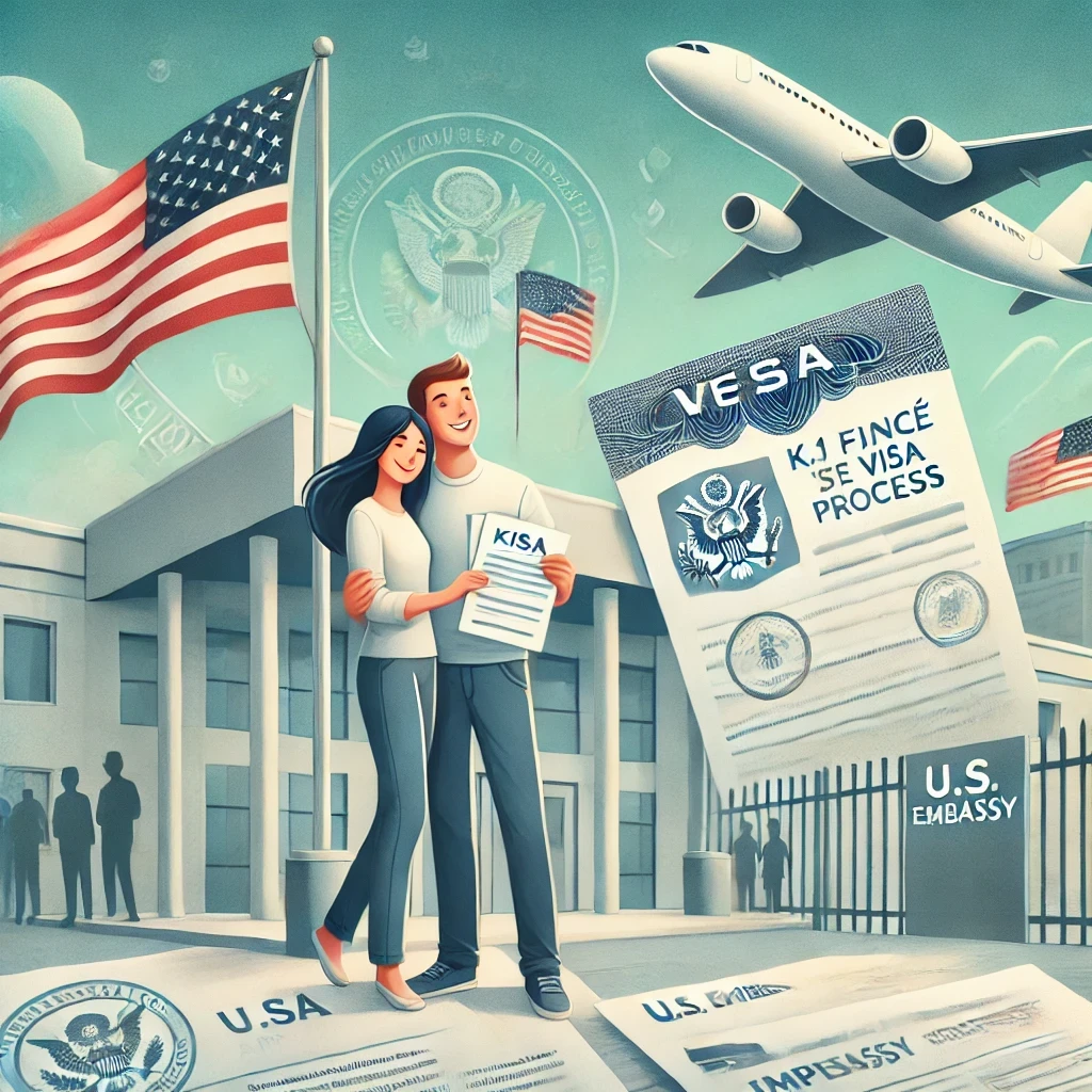 An illustration of a happy couple holding immigration documents in front of a U.S. embassy. In the background, an airplane is taking off, symbolizing travel, and an American flag is waving. The artwork subtly represents the K1 fiancé(e) visa process with official stamps, paperwork, and a welcoming atmosphere.