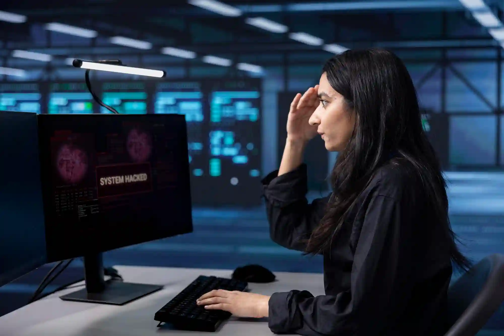 Woman in a dark room looking distressed at a computer screen showing digital alert warnings.