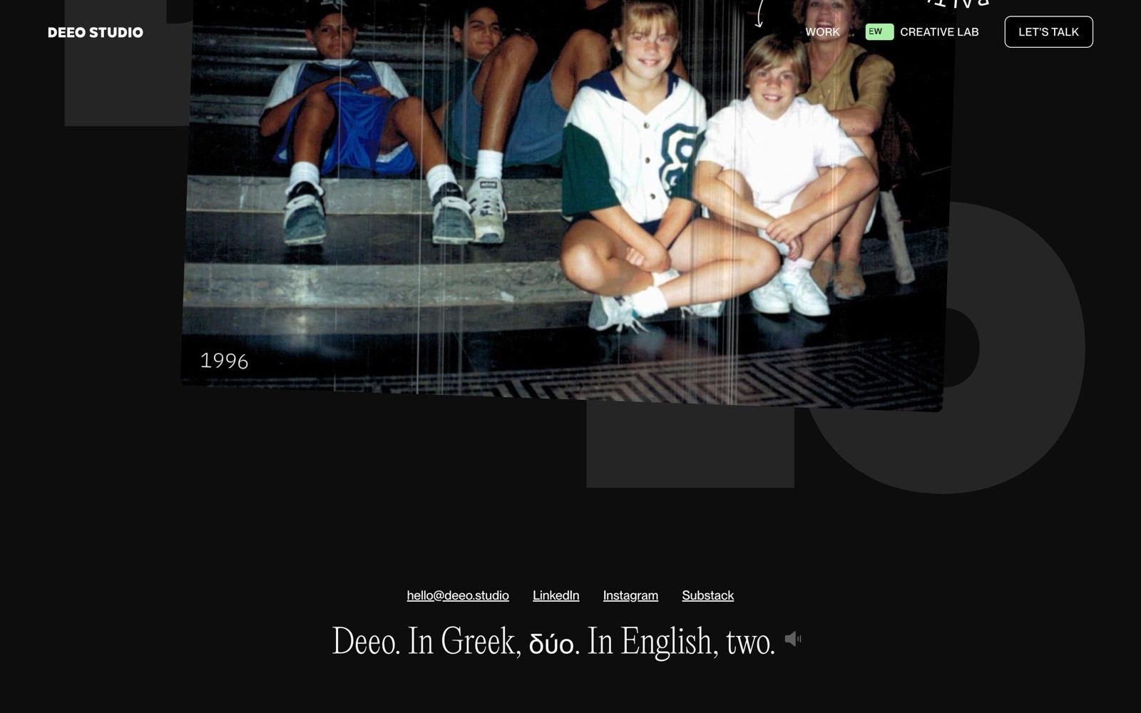 Teenagers sitting on steps, some smiling. Text: "1996". Below, contact info and social media links. Text: "Deeo. In Greek, δύο. In English, two.