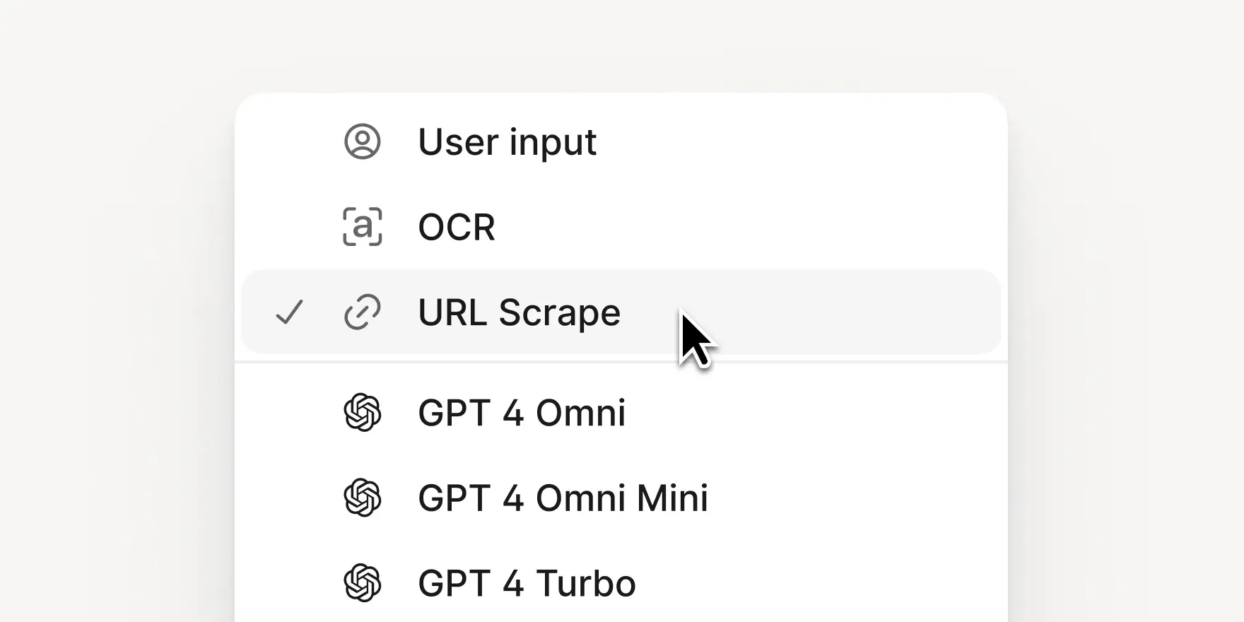 URL Scrape selected, cursor hovering.