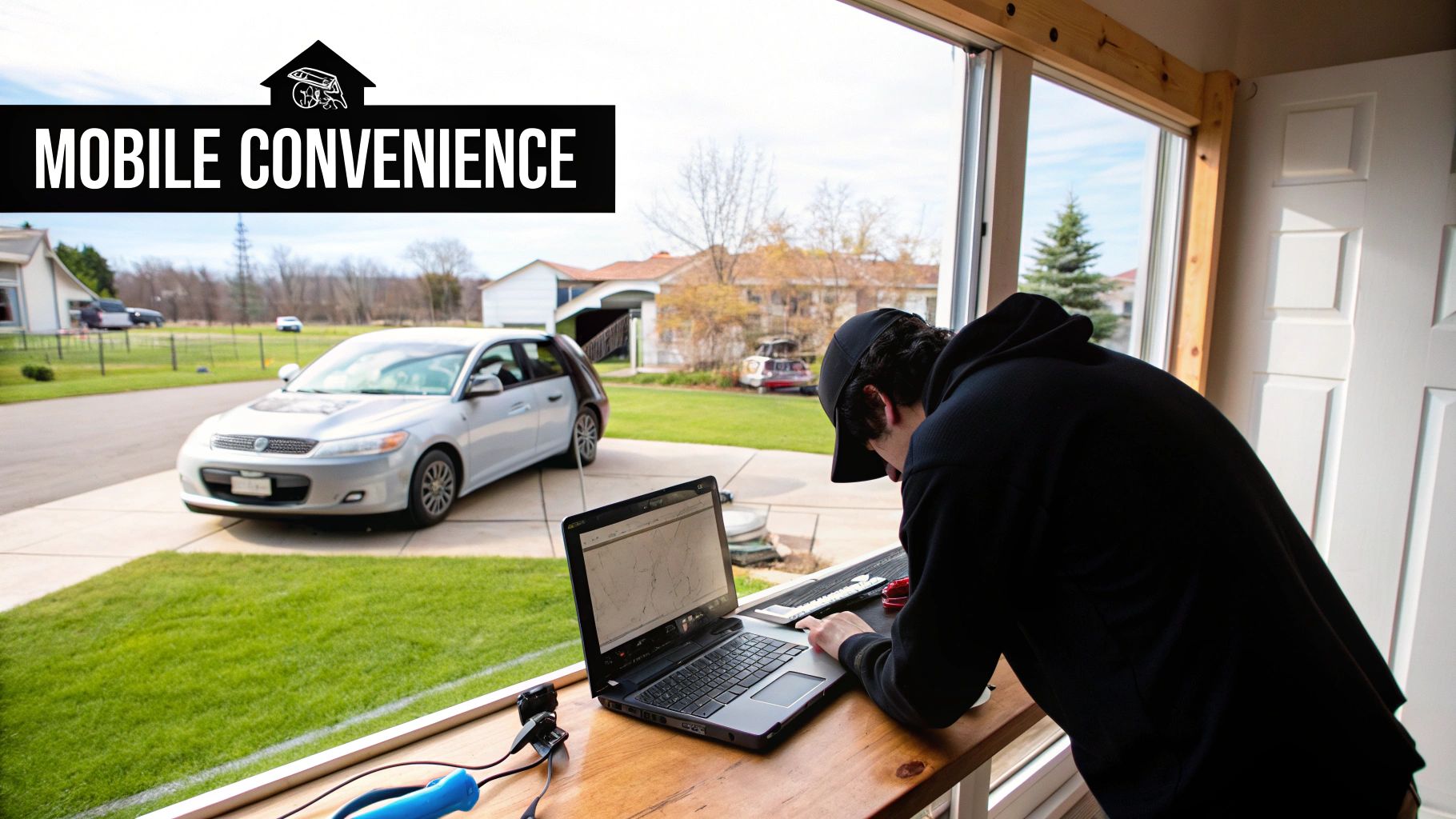 Person working on a laptop indoors, looking out at a silver car in a driveway.
