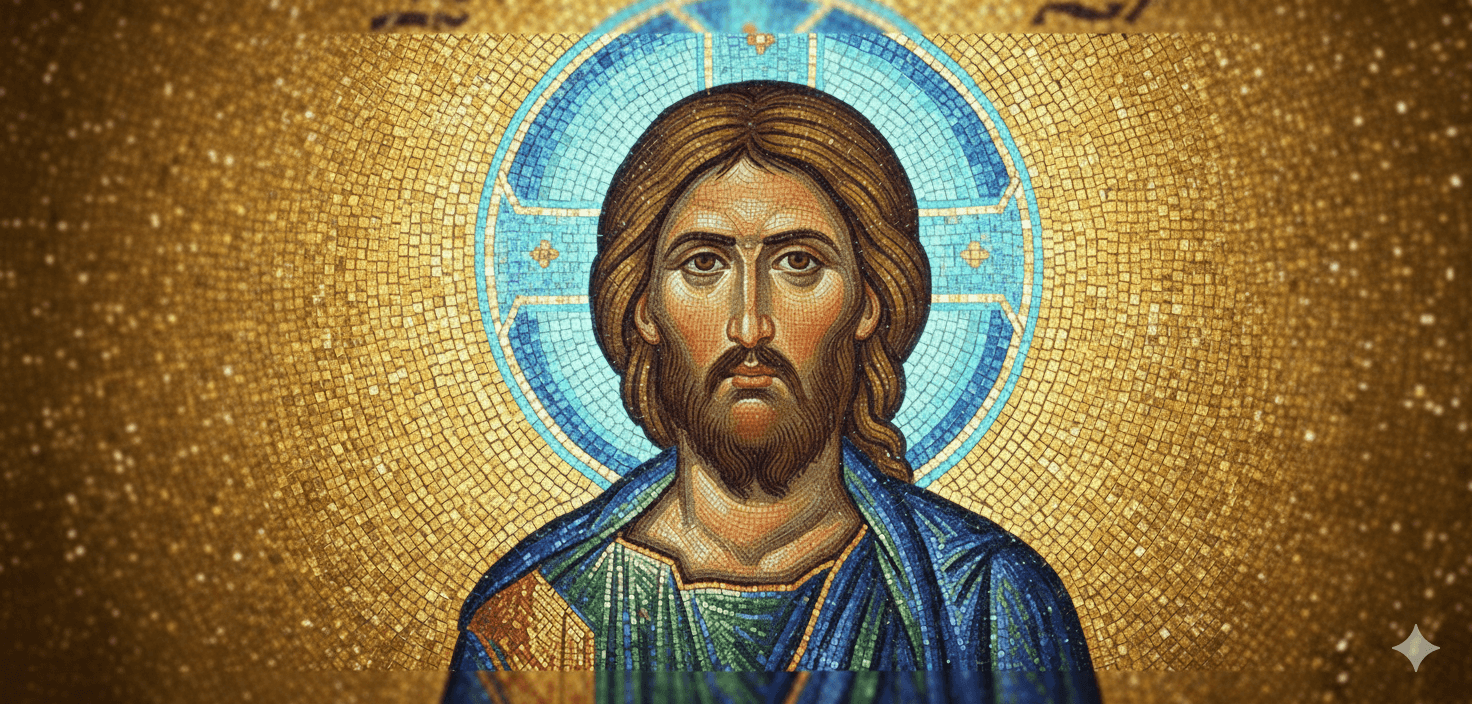 Jesus-christ mosiac image of him with a halo