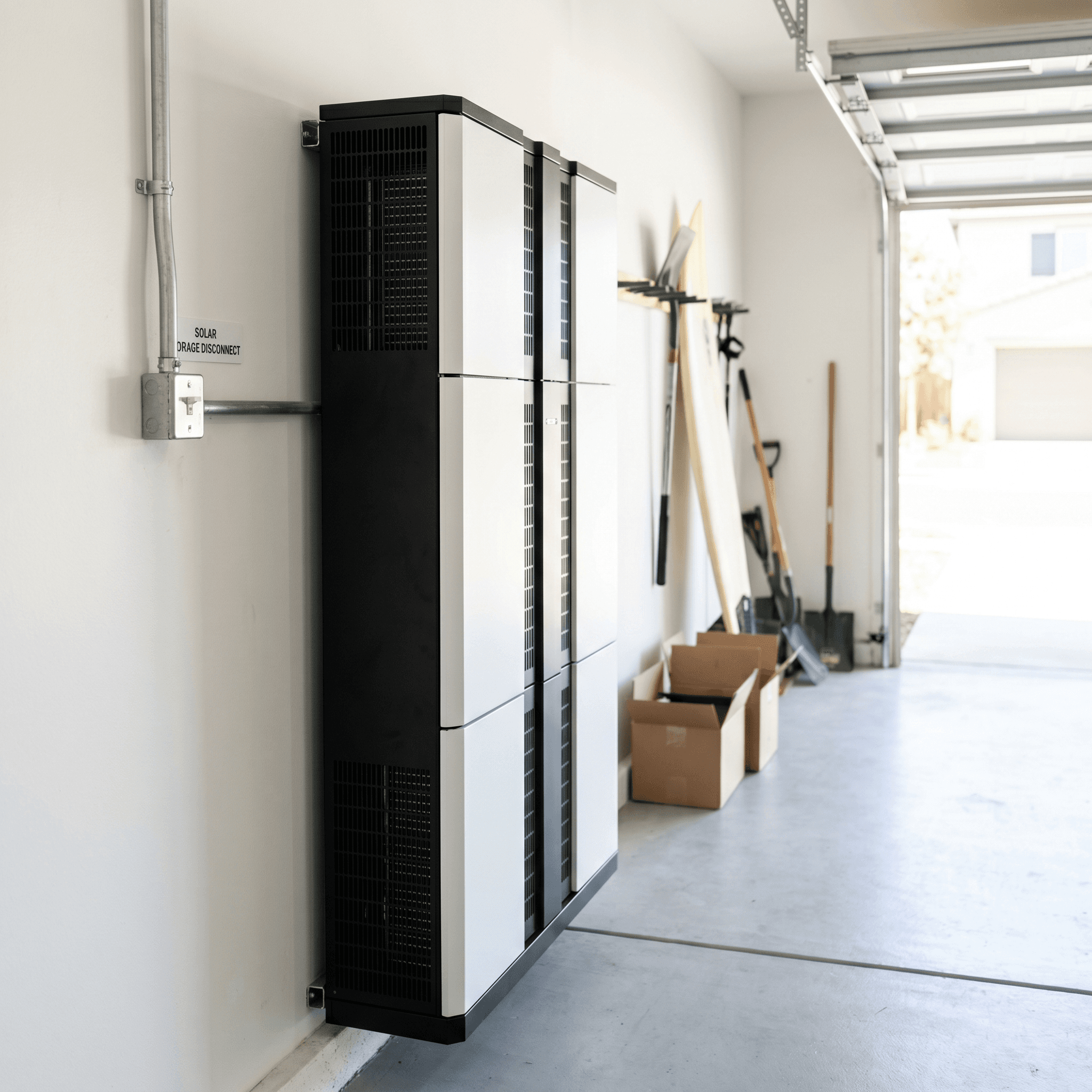 Slim modular wall-mounted home battery in a clean Southern California residential garage
