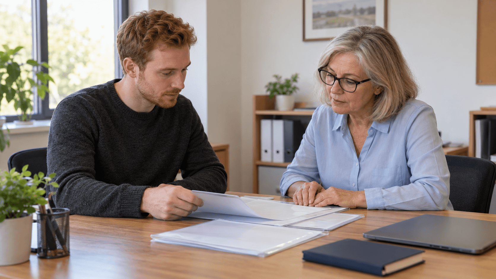 Un homme et une professionnelle examinent des dossiers sur un bureau dans un espace de consultation.
