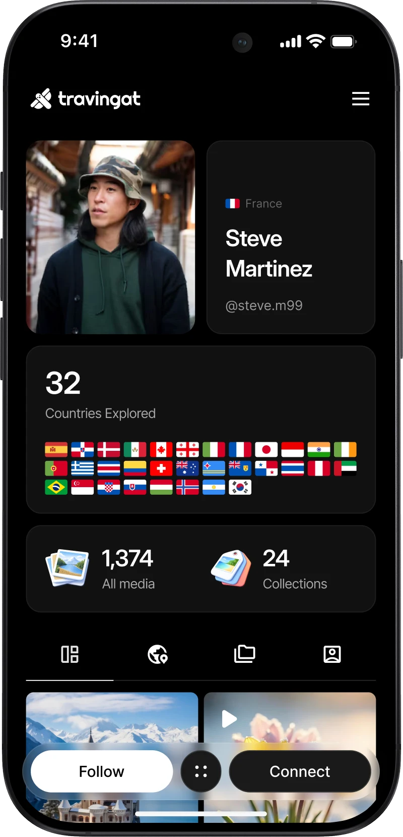 Travingat app profile screen showing a traveler's profile and travel photos.