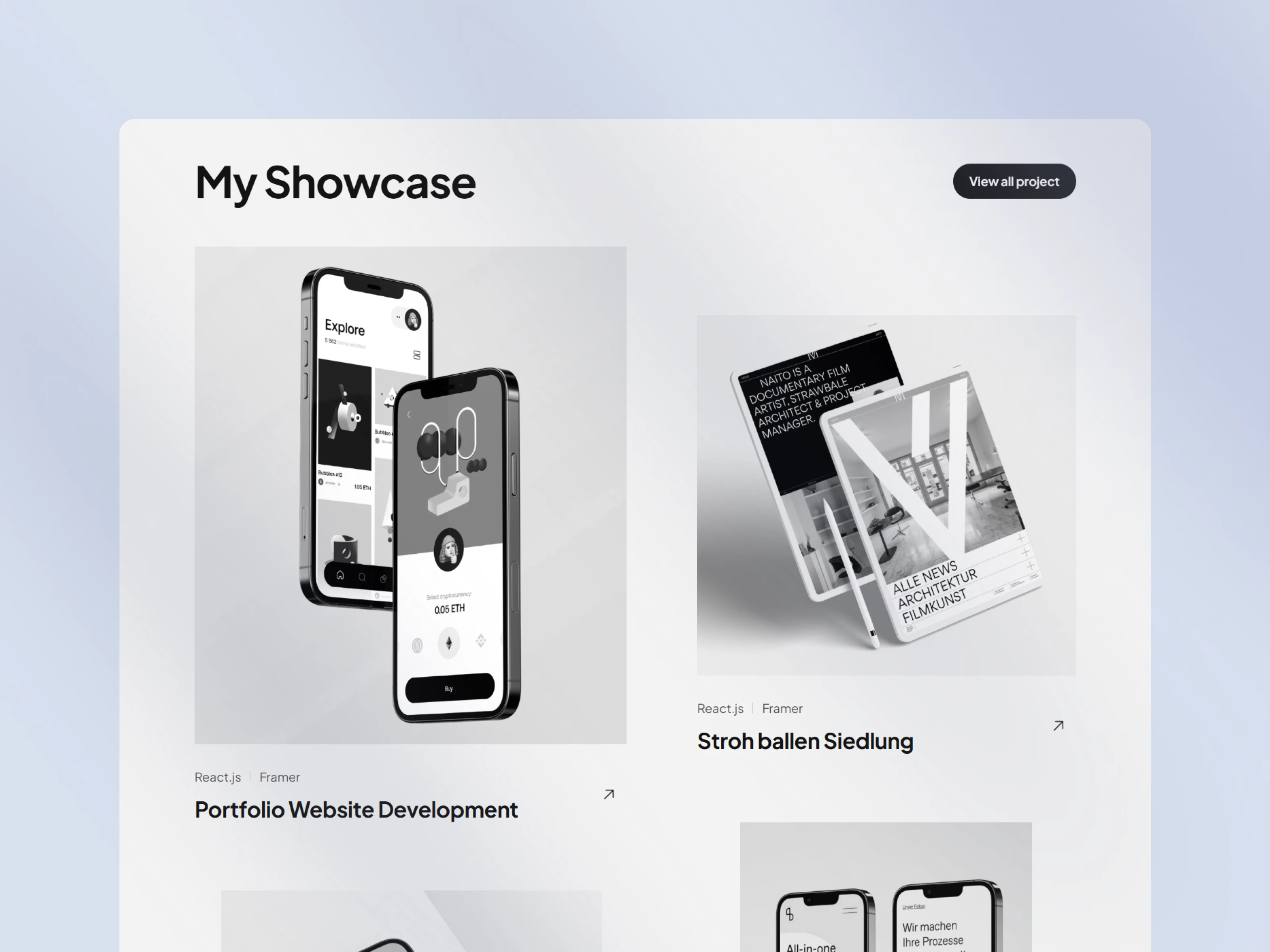 Project showcase section with mobile and tablet mockups in Ronald template