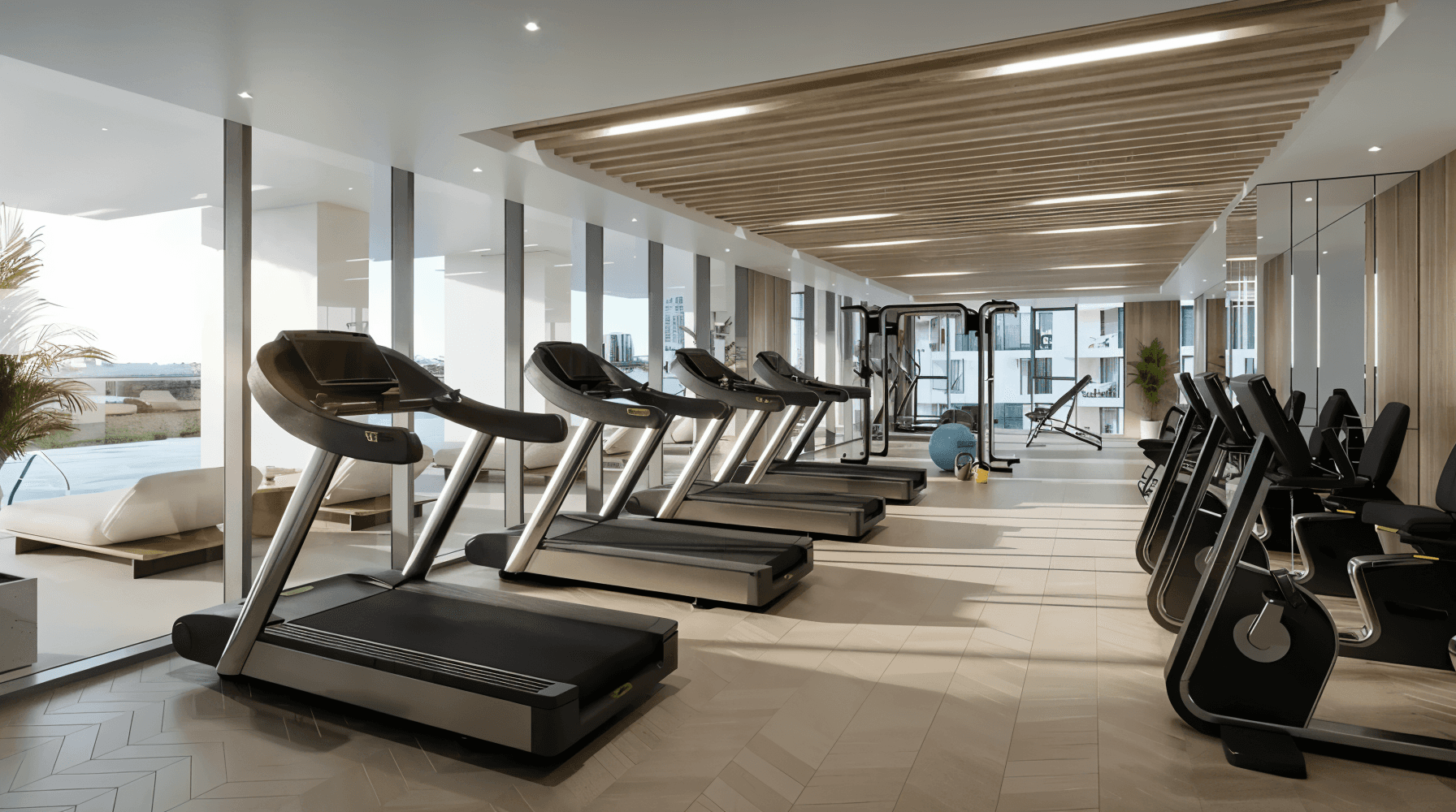 A gym room featuring treadmills and large windows, providing natural light and a view of the outside.