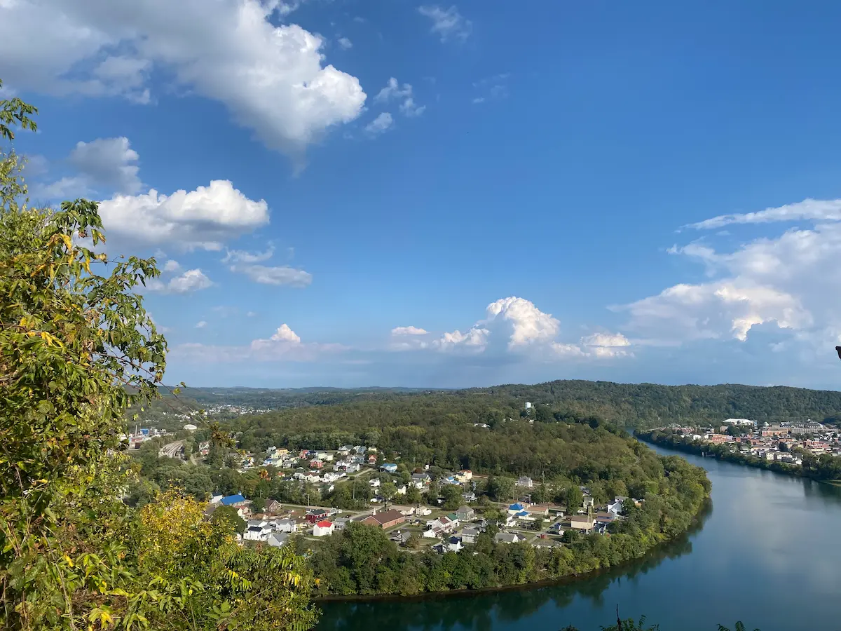 Pittsburgh river overlook from above a small town.