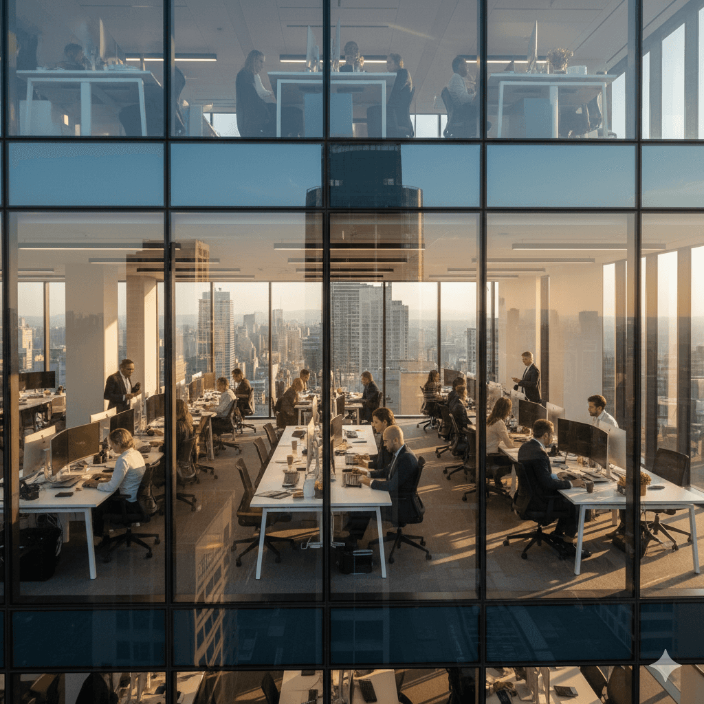 Professionals are working in a modern office, symbolizing the office operators and landlords who must comply with the Tertiary Decree.