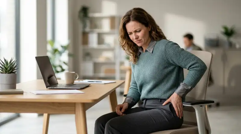 Person at a desk holding the outside of their hip after sitting too long