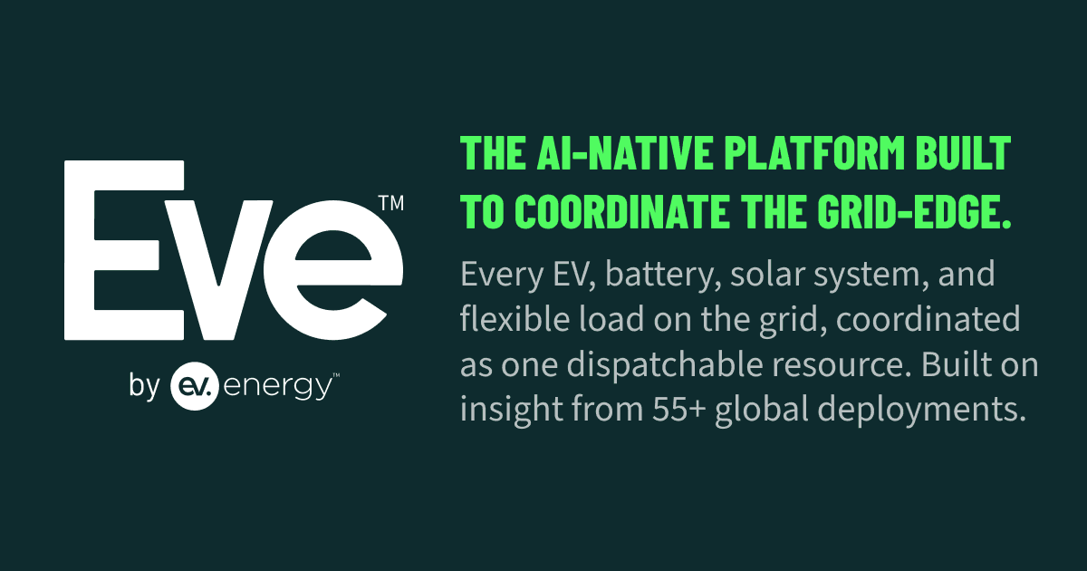 ev.energy Eve platform graphic describing EVs, batteries, solar systems, and flexible loads as coordinated grid-edge assets