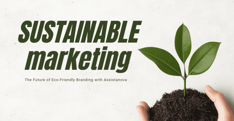 Sustainable marketing concept with eco-friendly branding strategies and digital marketing icons.