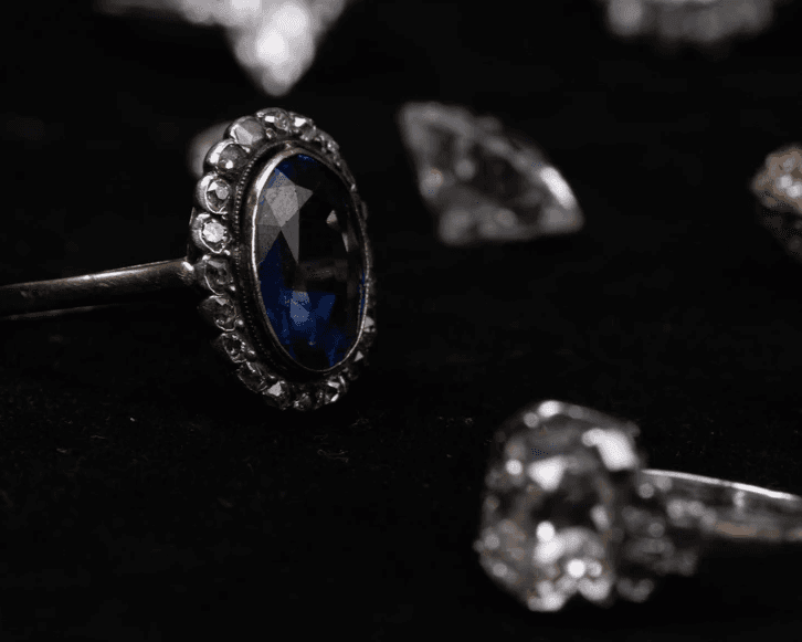 etalage de bijoux avec des bague et une branche en diamant et saphir