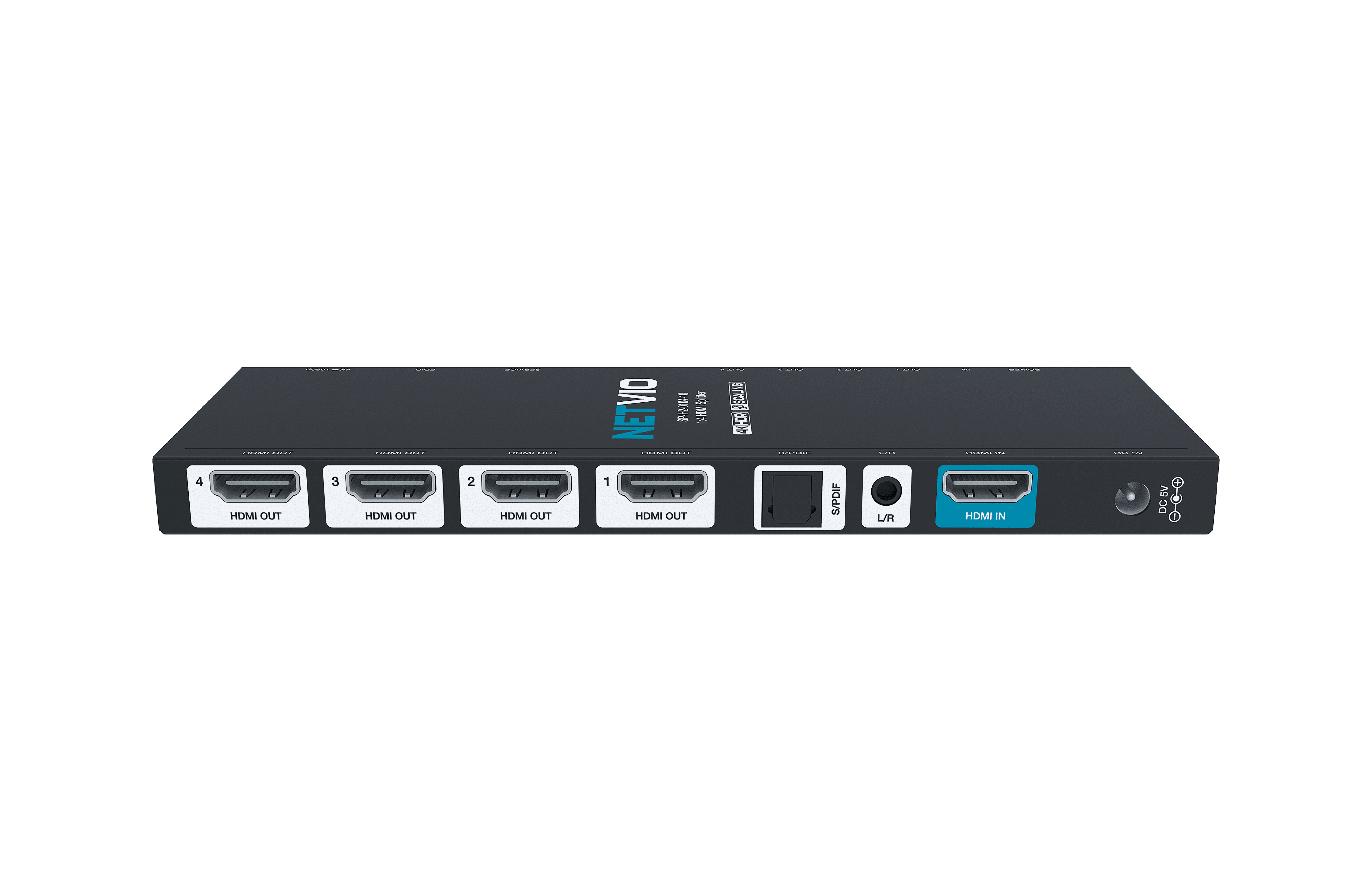 Black HDMI splitter with four output ports and one input port.</blockquote>