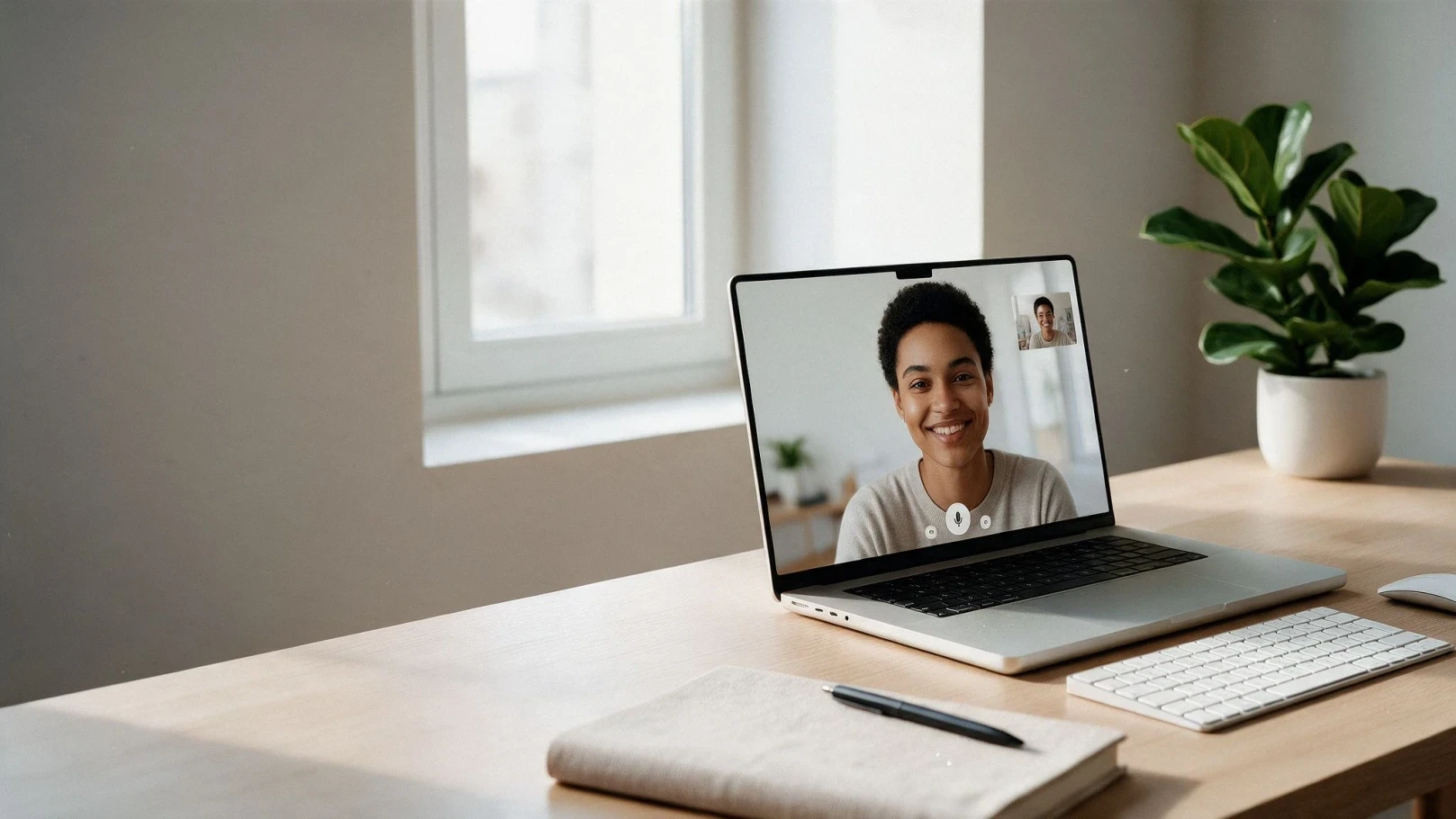 Candidate smiling during an AI-powered video interview on a laptop in a bright, minimal home office
