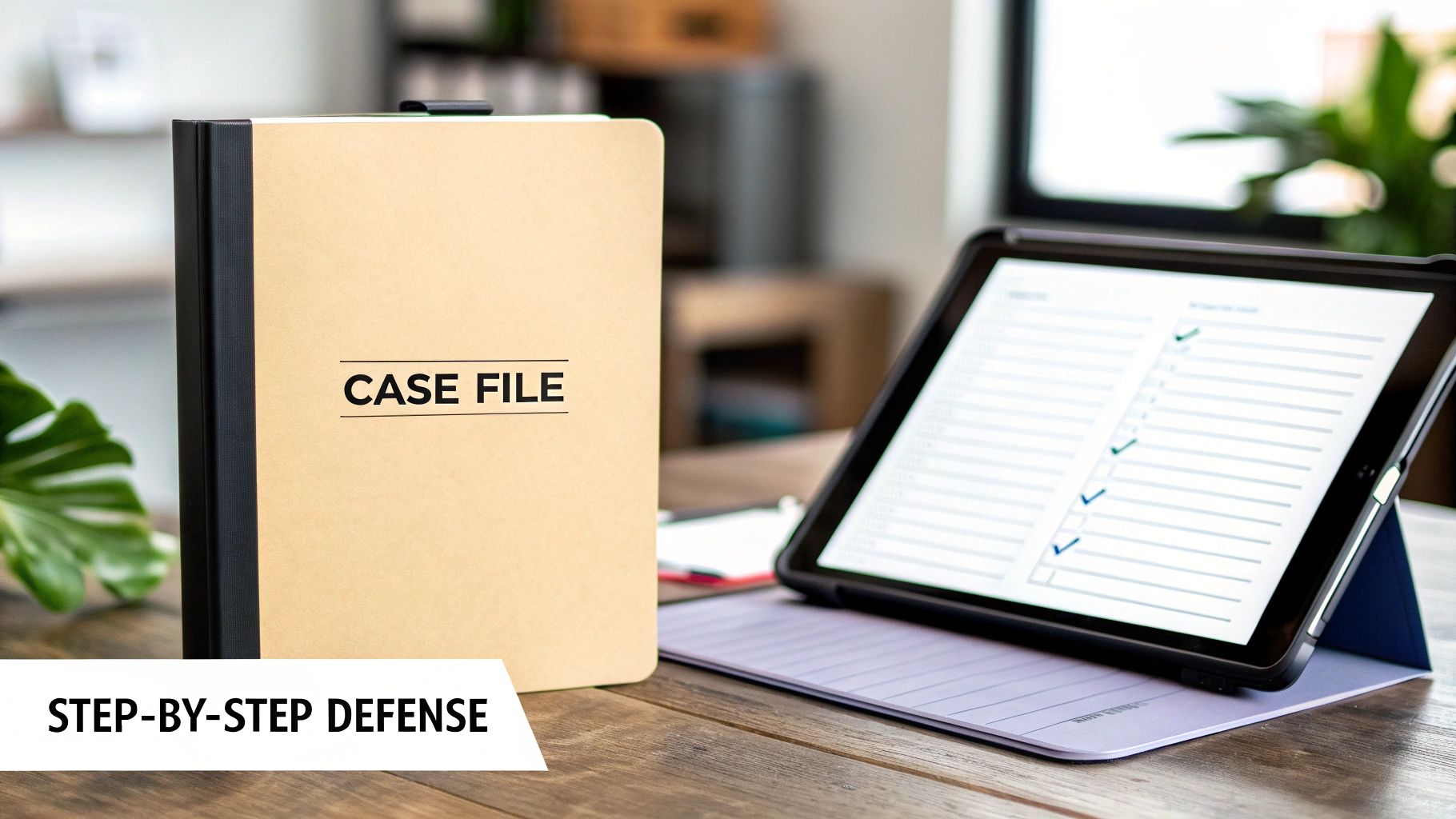 A roadmap with magnifying glass icon showing the legal process steps.
