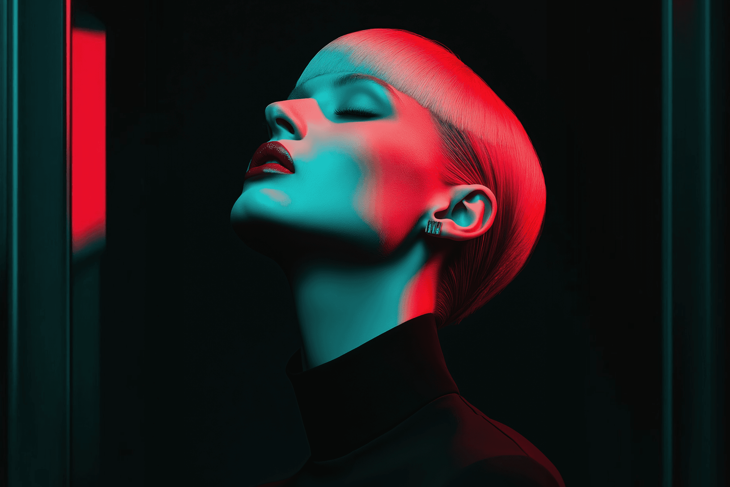Futuristic portrait of a woman with platinum blonde hair, bold cyan and red lighting, and a sleek black outfit. Striking and modern.
