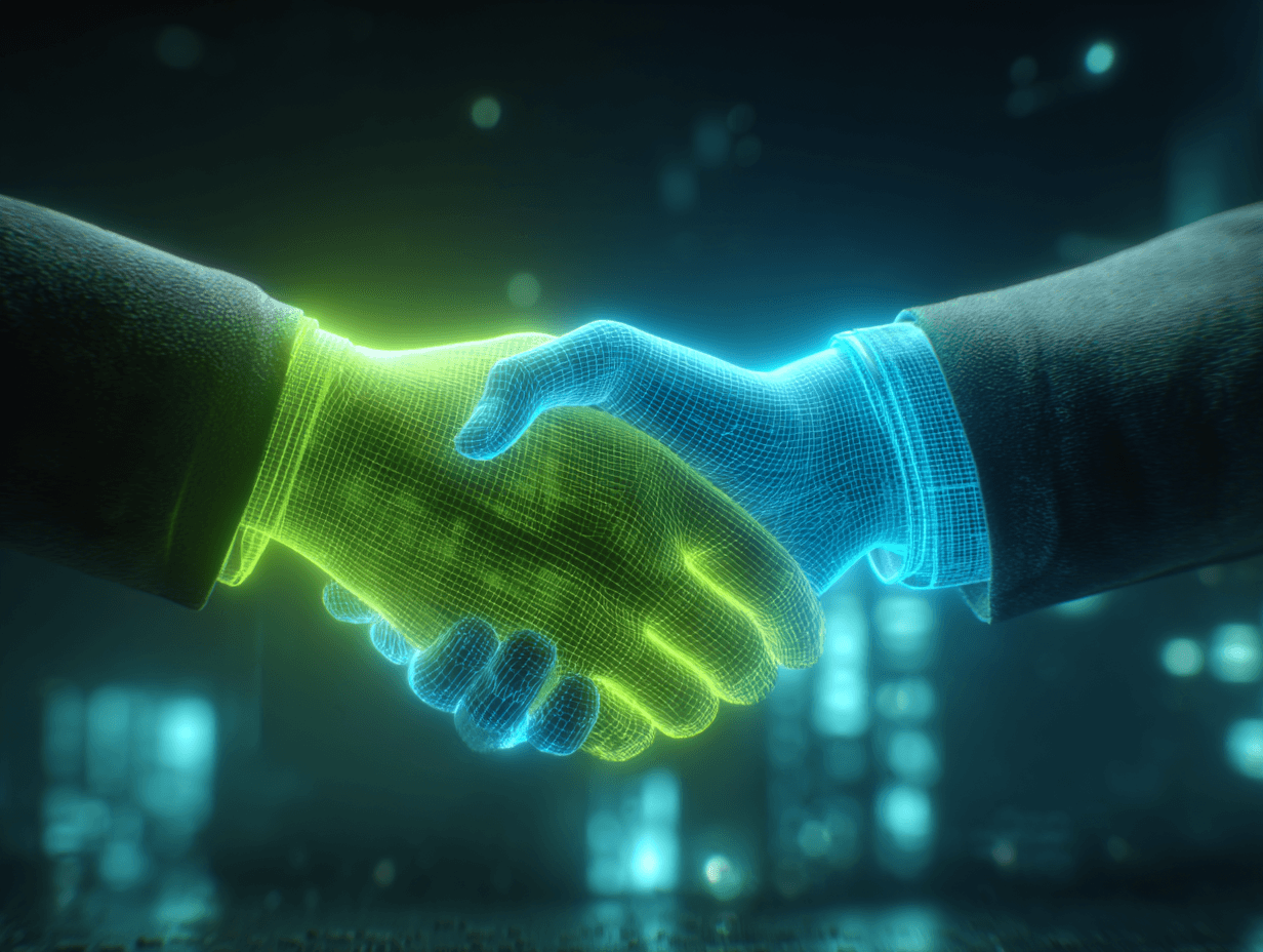 two men shaking hands their hands glow green and blue