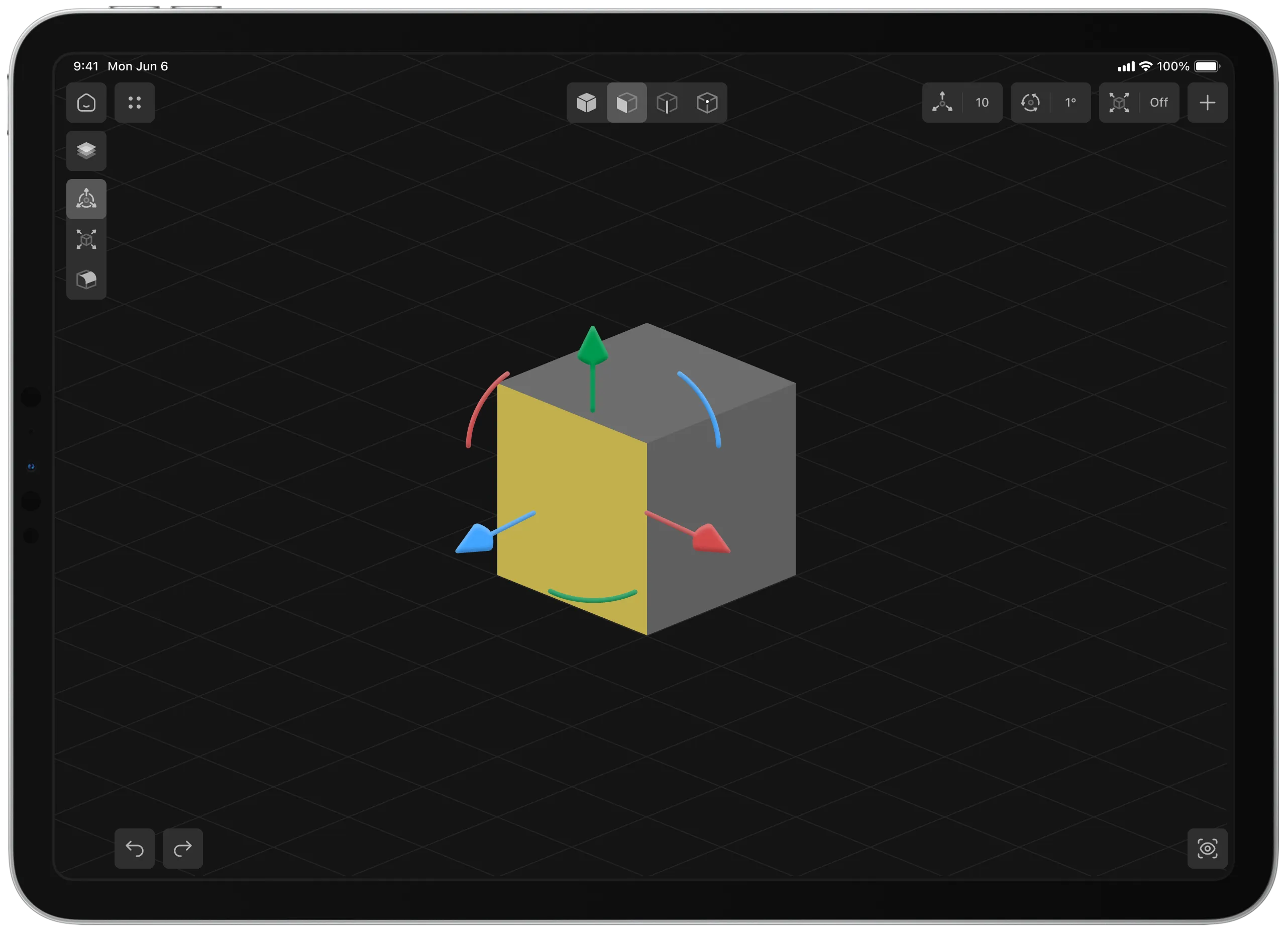 Shapeyard 3D editor interface showing a selected cube face with a transform gizmo for editing the object shape.