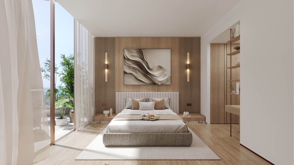 Contemporary bedroom with wooden walls and a cozy bed, showcasing the aesthetic of Wynwood Horizon.