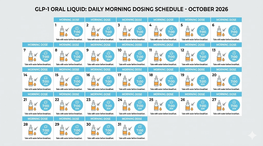GLP-1 oral liquid daily dosing schedule calendar showing morning administration