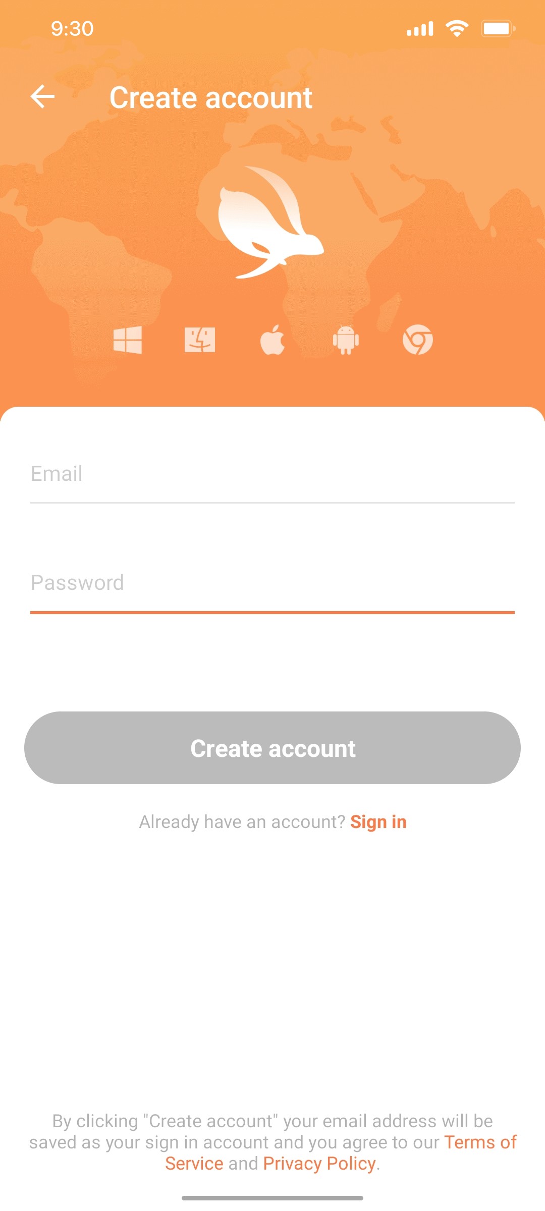 turbo vpn Create account screen