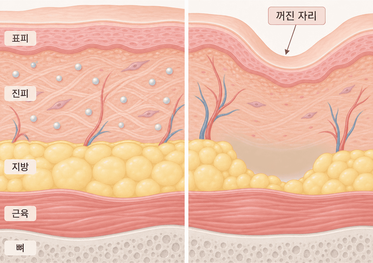 스킨부스터는 진피층을 다루고, 깊게 꺼진 자리는 그 아래 부피의 문제예요