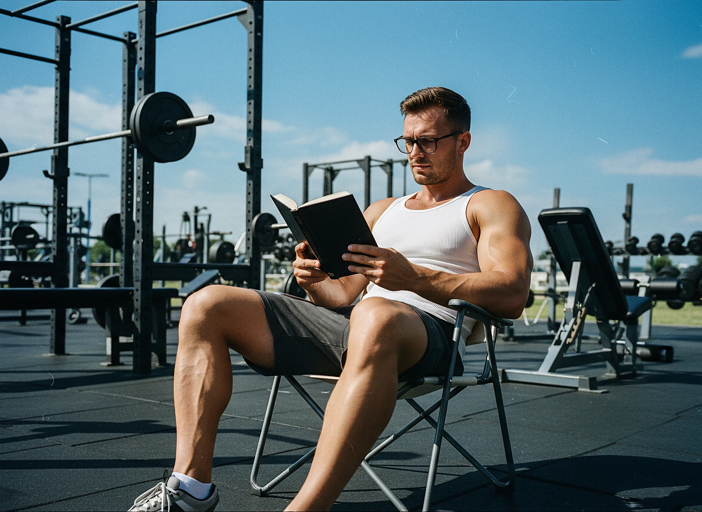 Athlet sitzt im Freiluft-Fitnessstudio und liest konzentriert – Darstellung der Verbindung von körperlichem Training und mentaler Stärke.