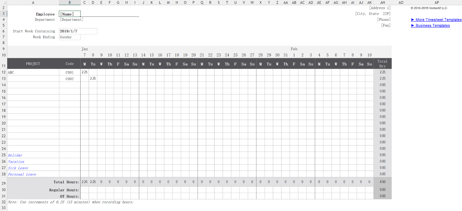 Vertex42 time sheet template