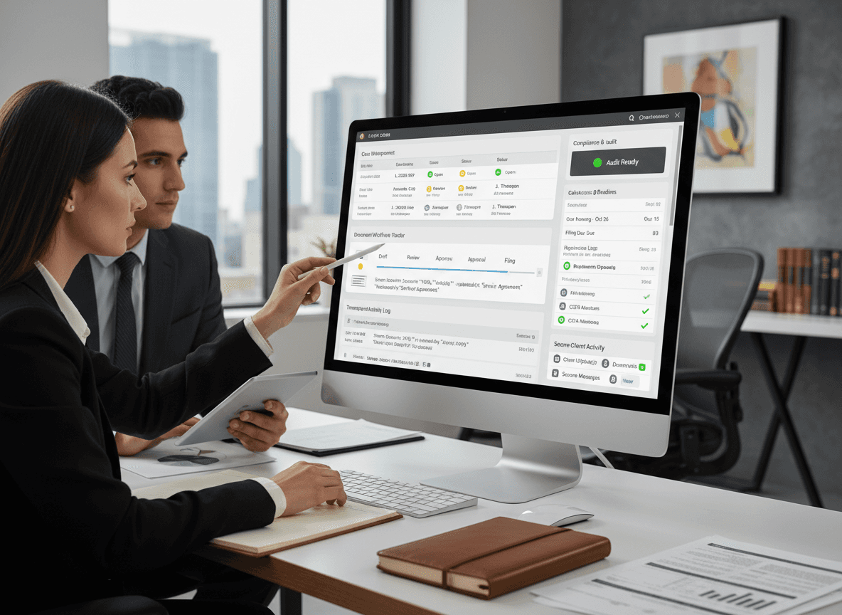 “Modern legal technology SaaS dashboard displayed in a law office showing case management, client records, document workflows, and compliance tracking.”