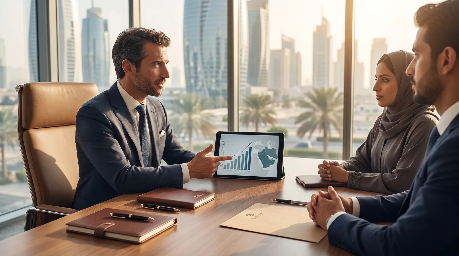 French founder reviewing trade and shipping plans near Dubai port containers