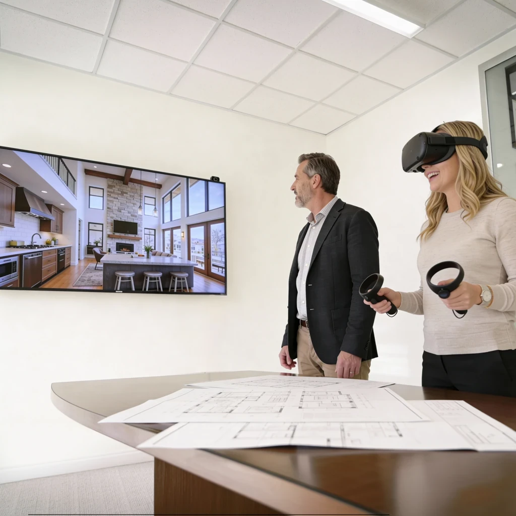 3D virtual home design model in VR headset at Vancouver Custom Homes office walkthrough