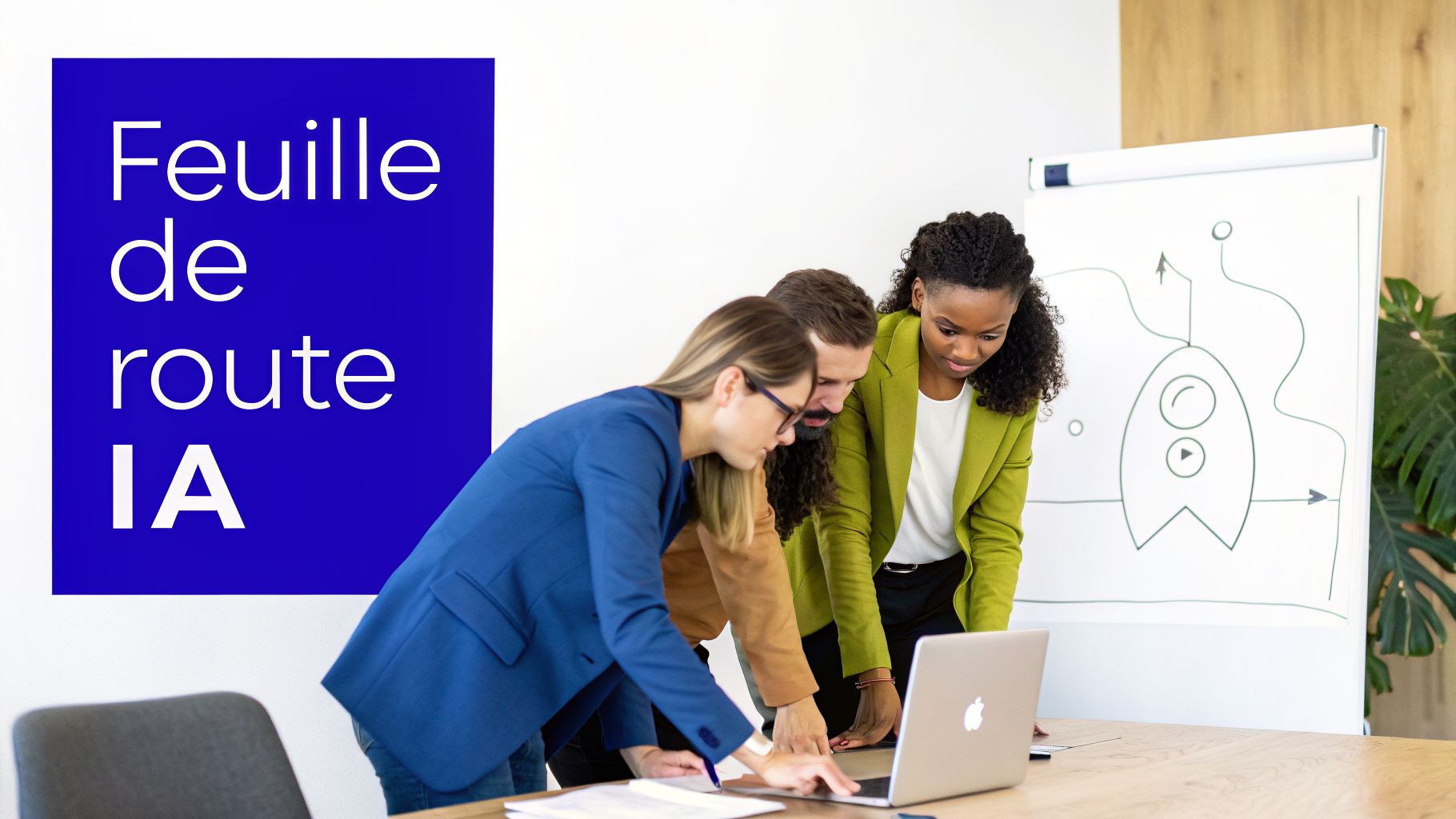 Trois personnes collaborent autour d'un ordinateur portable et d'un tableau blanc affichant 