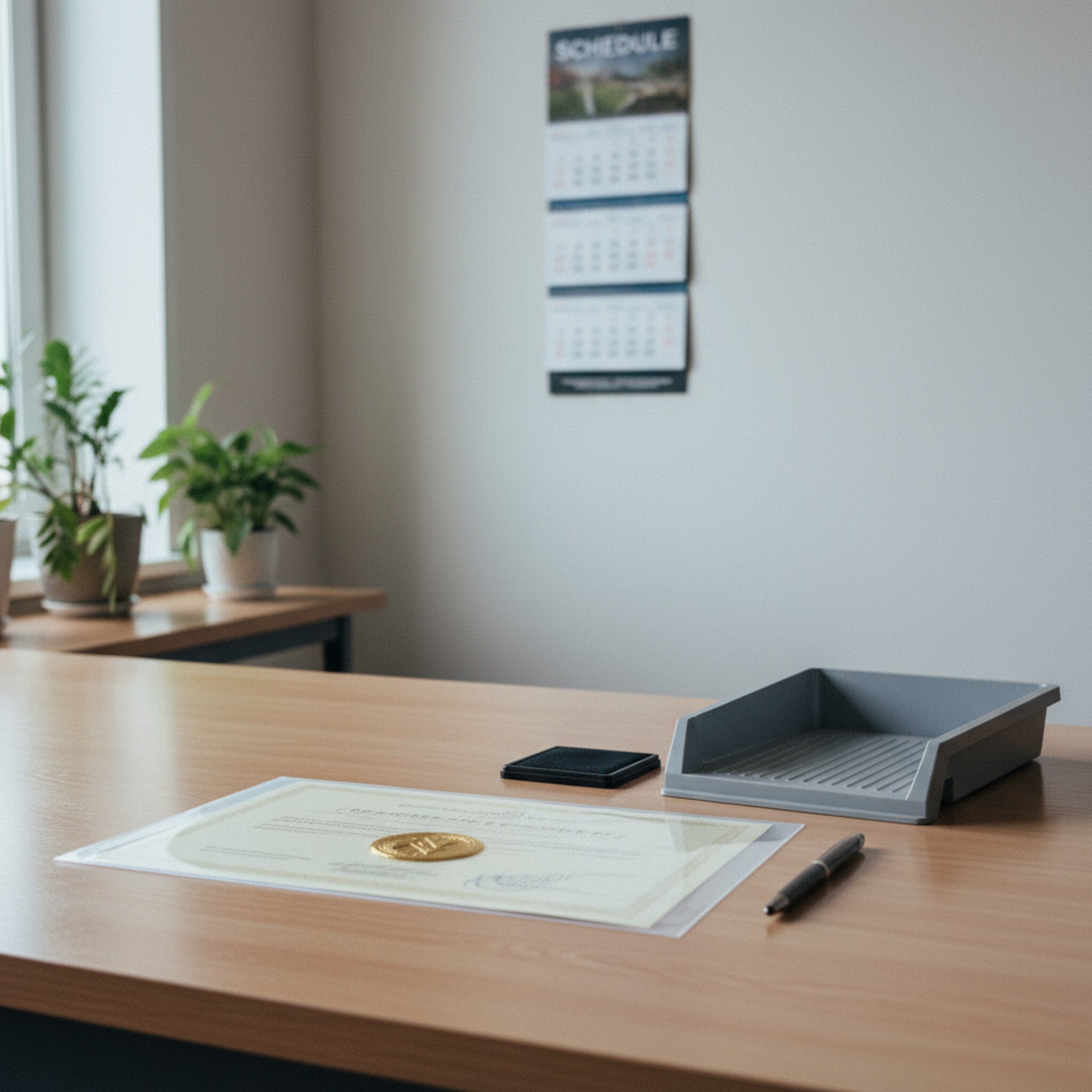 Auf einem ordentlichen Schreibtisch liegt eine sauber eingetütete Urkunde mit sichtbarem Siegel. Daneben ein neutraler Eingangskorb für Abholungen und ein dezenter Kalender an der Wand. Das Licht ist klar, der Ablauf wirkt vorbereitet und verlässlich, ohne Eile oder Gedränge.