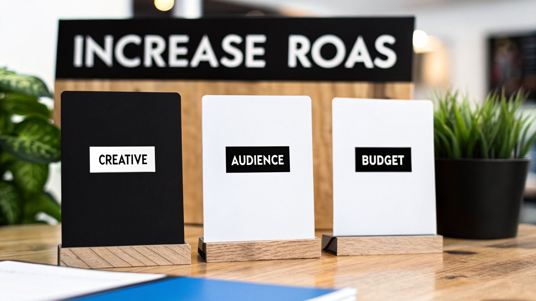 Three cards labeled 'Creative', 'Audience', 'Budget' on a desk, with an 'Increase ROAS' sign.