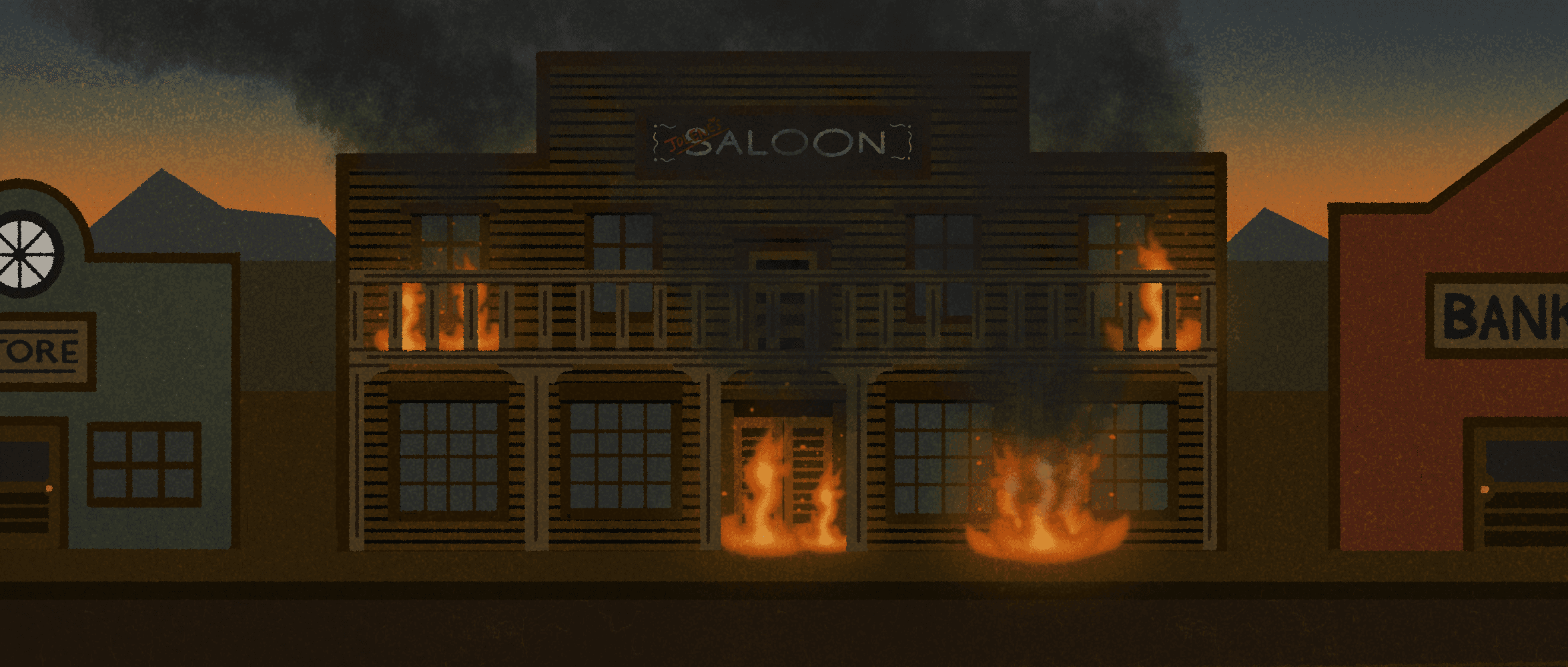 Illustration of an Old West saloon set ablaze.