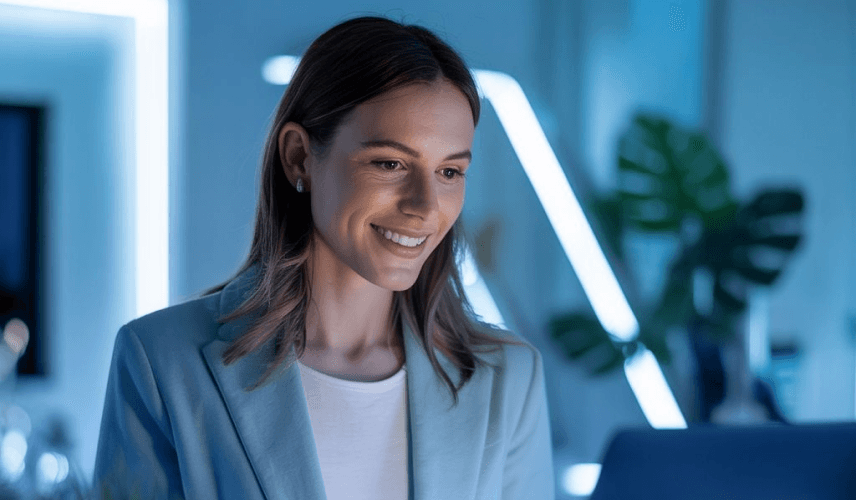 Mulher sorrindo olhando para a tela do computador